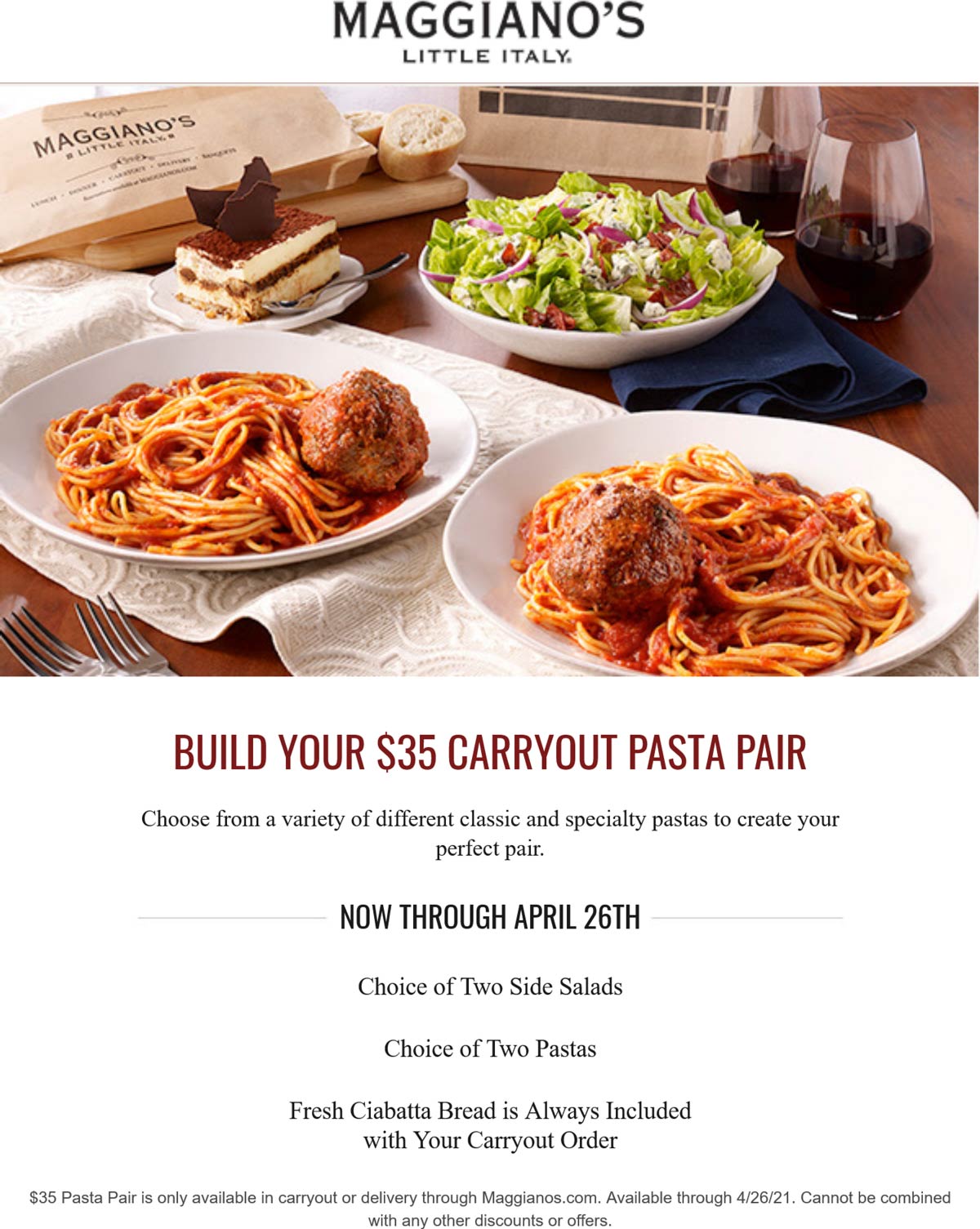 Maggianos Little Italy restaurants Coupon  2 Salads + 2 Pastas for $35 at Maggianos Little Italy #maggianoslittleitaly 