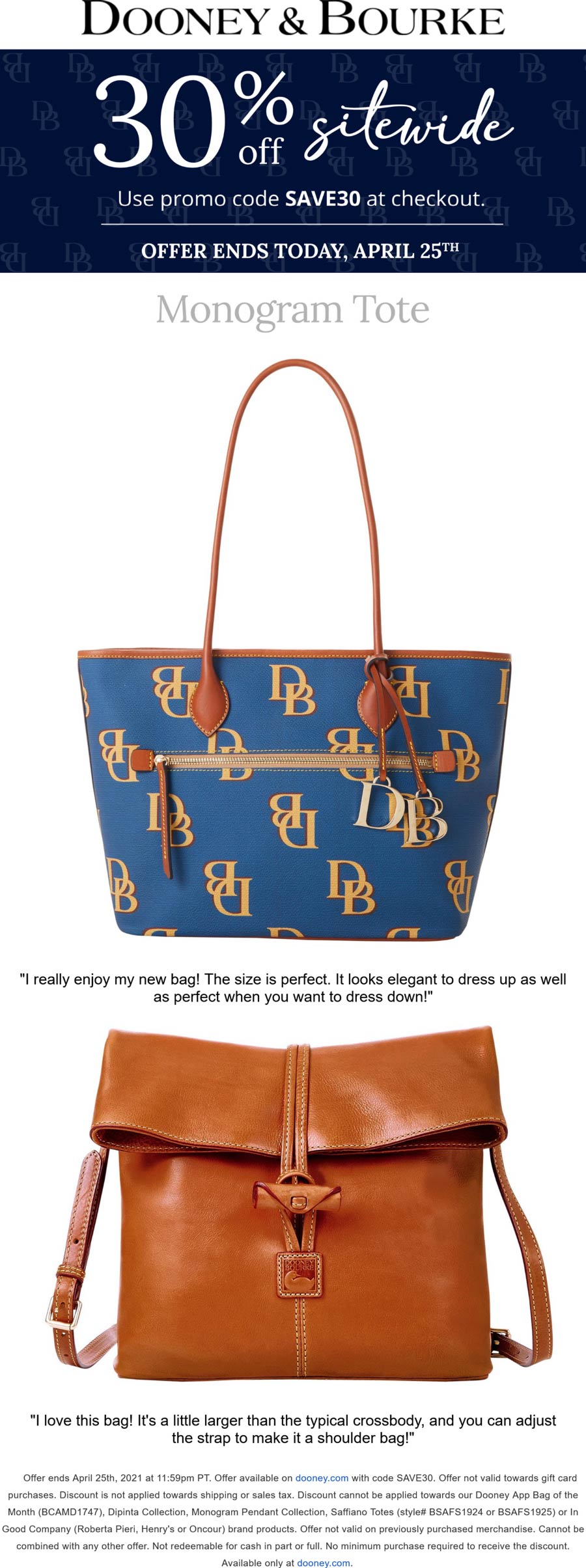 30 off everything online today at Dooney & Bourke via promo code