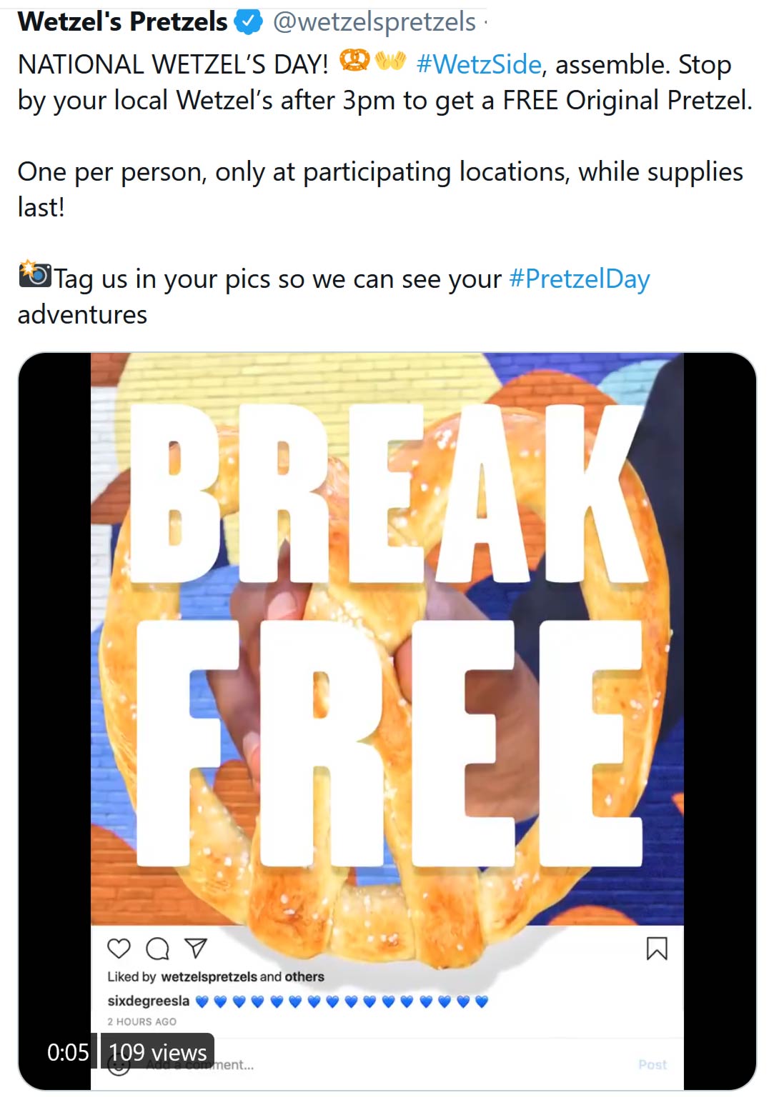 Free pretzel after 3p today at Wetzels Pretzels wetzelspretzels The