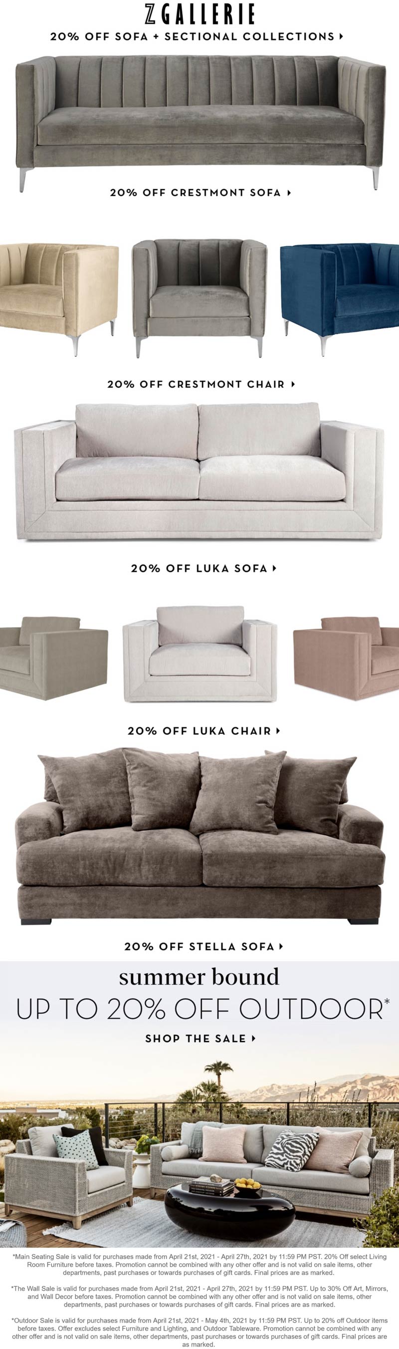 Z Gallerie stores Coupon  20% off sofa collections & outdoor at Z Gallerie #zgallerie 