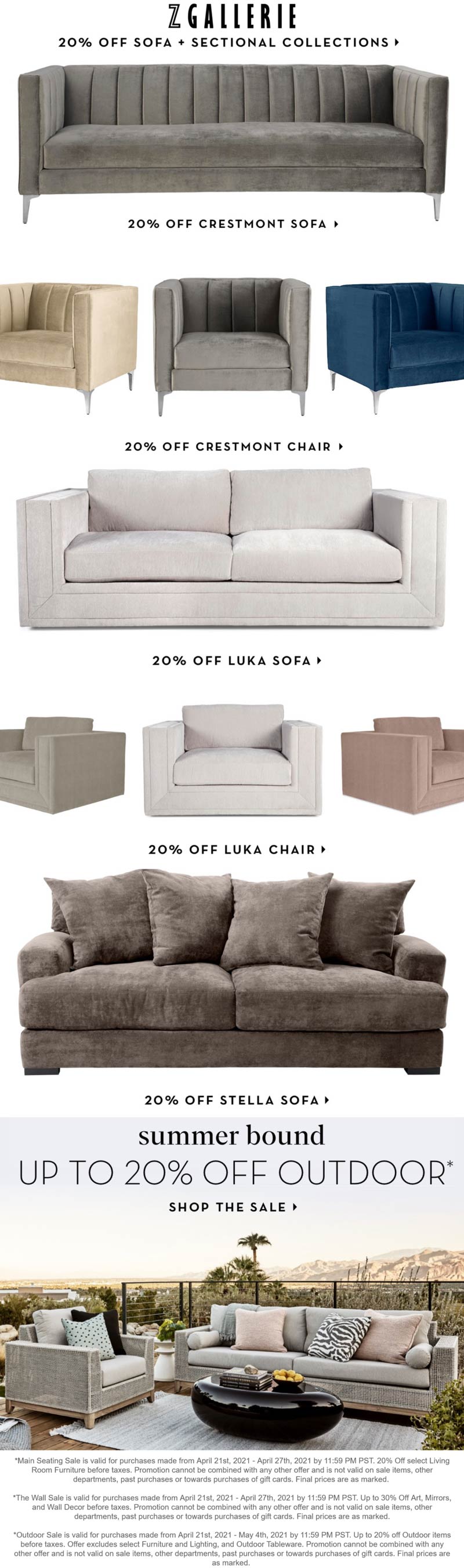 20 off sofa collections & outdoor at Z Gallerie zgallerie The