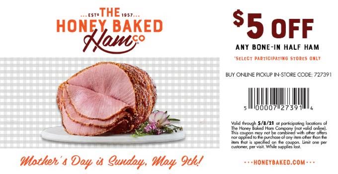 Honeybaked restaurants Coupon  $5 off half ham at Honeybaked restaurants #honeybaked 