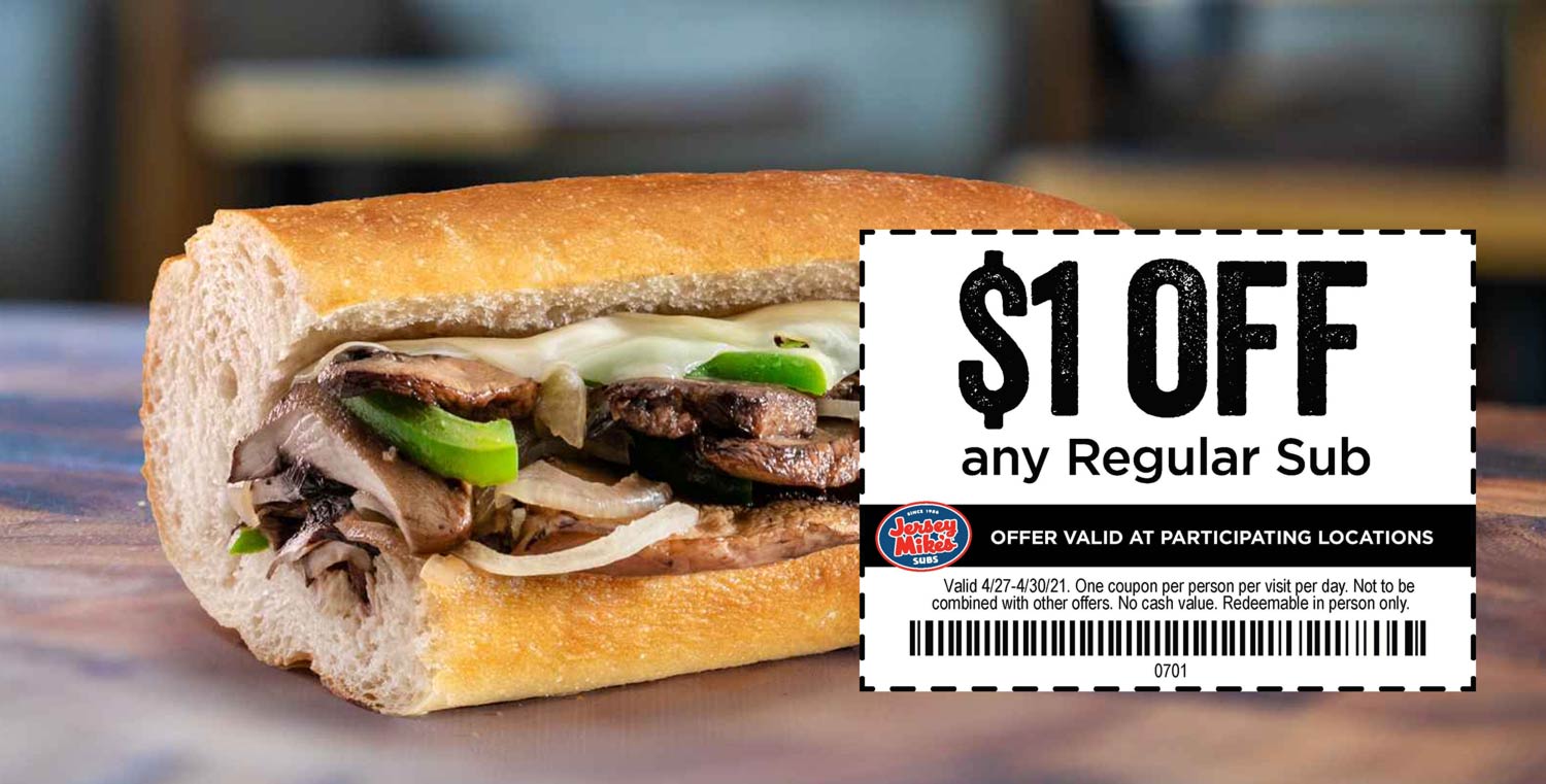 Jersey Mikes restaurants Coupon  $1 off any sub sandwich at Jersey Mikes #jerseymikes 