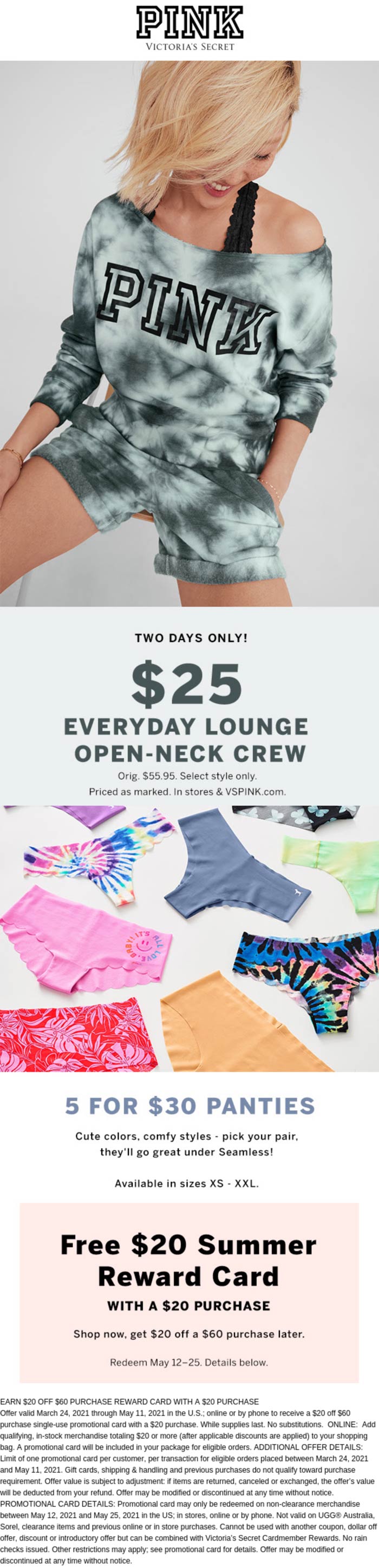 PINK stores Coupon  $25 crew + free $20 store card with $20 spent at Victorias Secret PINK, ditto online #pink 