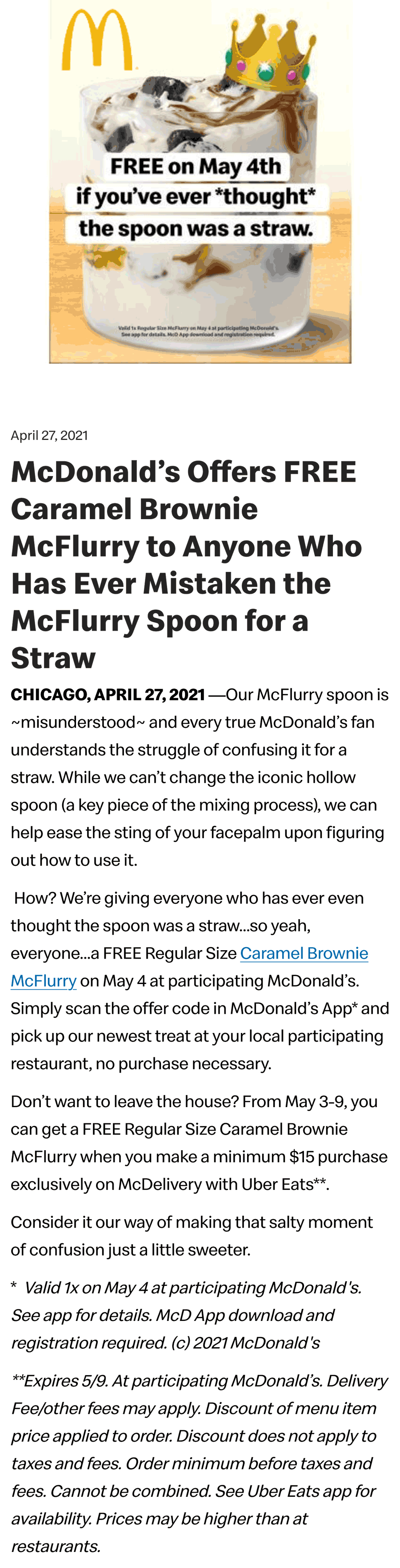 McDonalds restaurants Coupon  Free caramel brownie McFlurry Tuesday at McDonalds restaurants, also all week the 3-9th via delivery #mcdonalds 