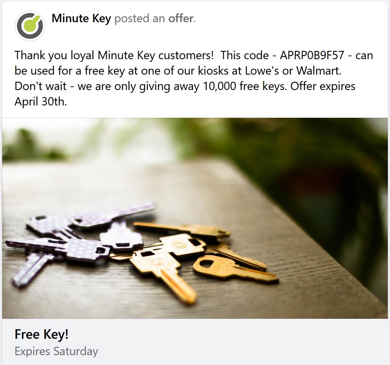 MinuteKEY stores Coupon  Free key at MinuteKEY kiosks via promo code APRP0B9F57 #minutekey 