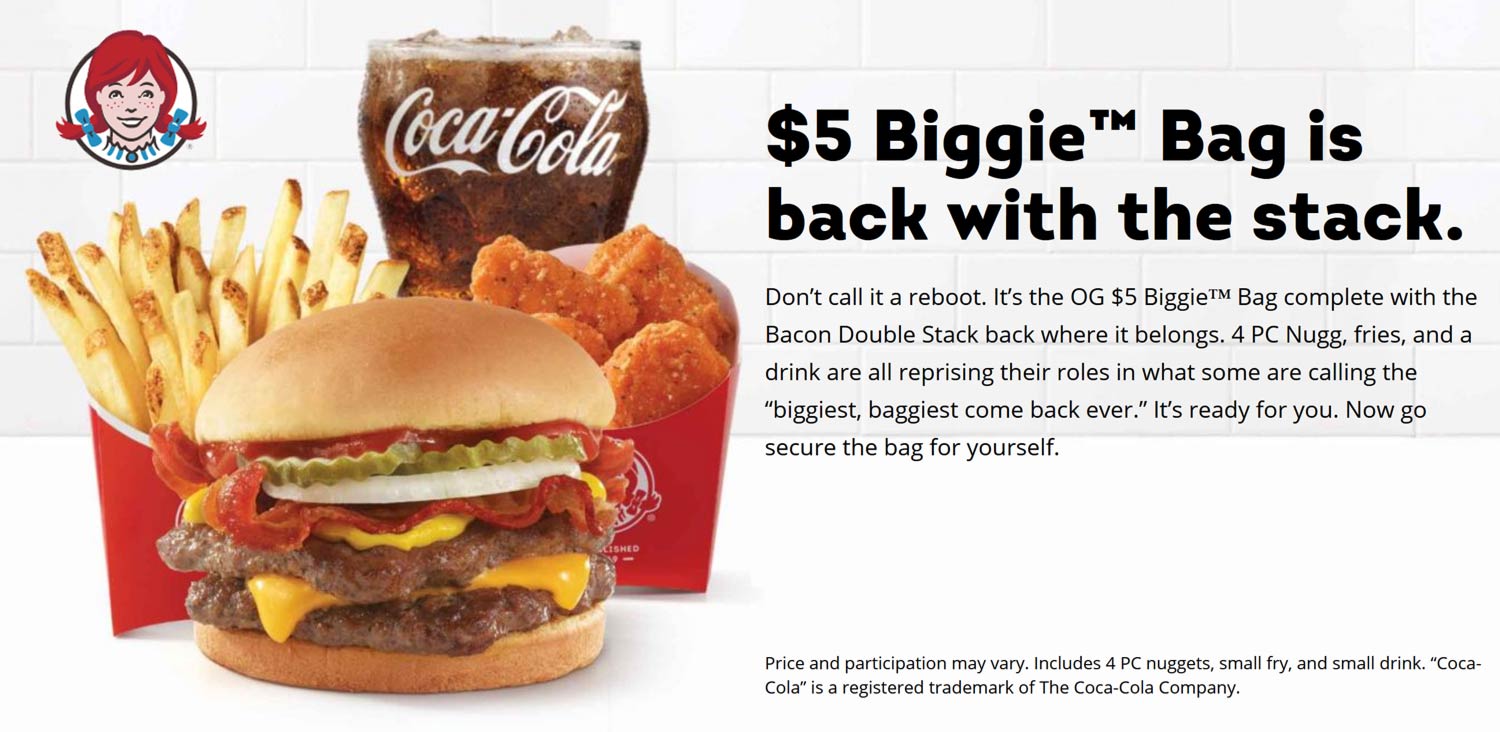 Wendys restaurants Coupon  Bacon double cheeseburger + chicken nuggets + fries + drink = $5 at Wendys #wendys 