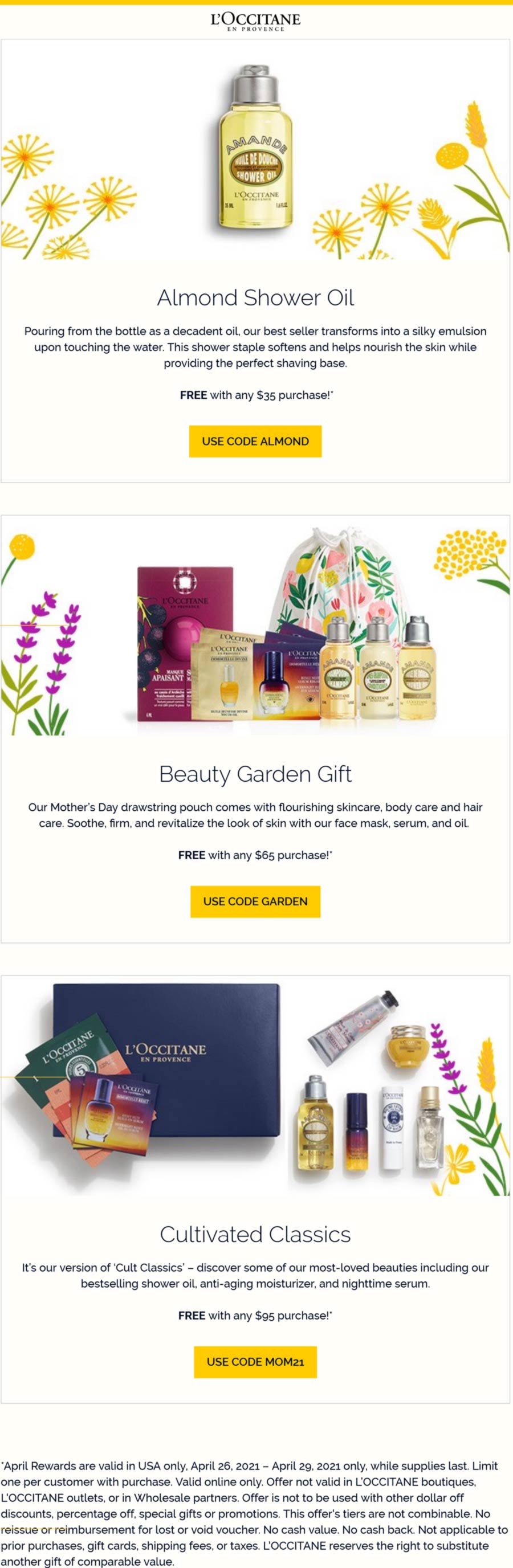 LOccitane stores Coupon  Free shower oil, 5 or 10pc kit with $35+ spent today at LOccitane via promo codes ALMOND, GARDEN or MOM21 #loccitane 