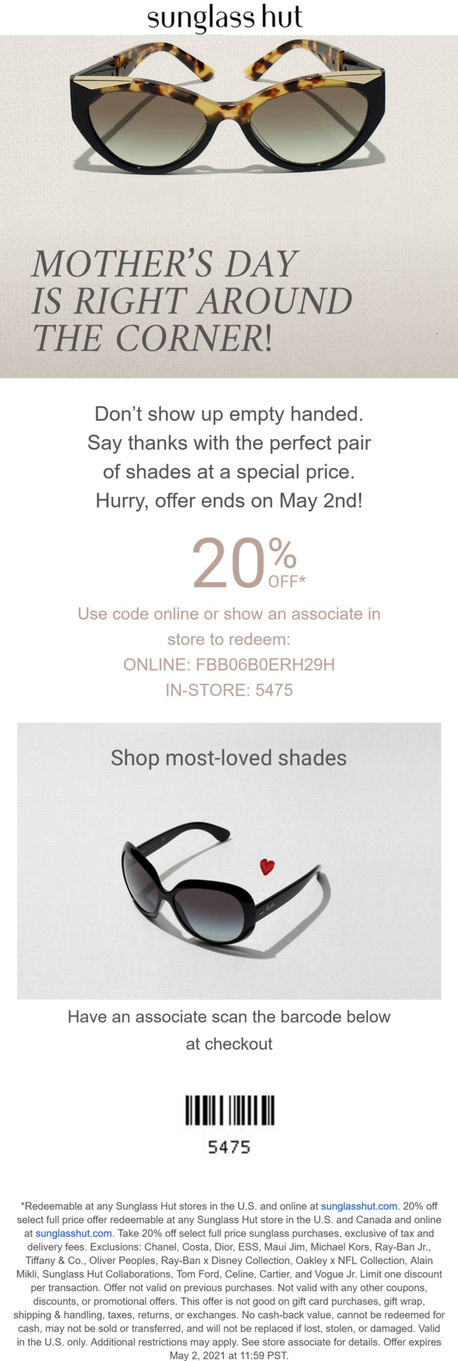 Sunglass Hut stores Coupon  20% off at Sunglass Hut, or online via promo code FBB06B0ERH29H  #sunglasshut 
