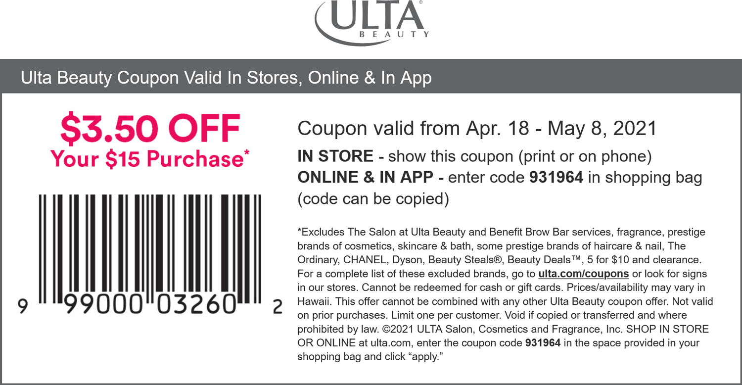 Ulta stores Coupon  $3.50 off $15 at Ulta Beauty, or online via promo code 931964 #ulta 