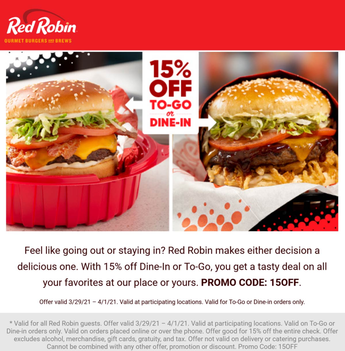 Red Robin restaurants Coupon  15% off today at Red Robin restaurants via promo code 15OFF #redrobin 