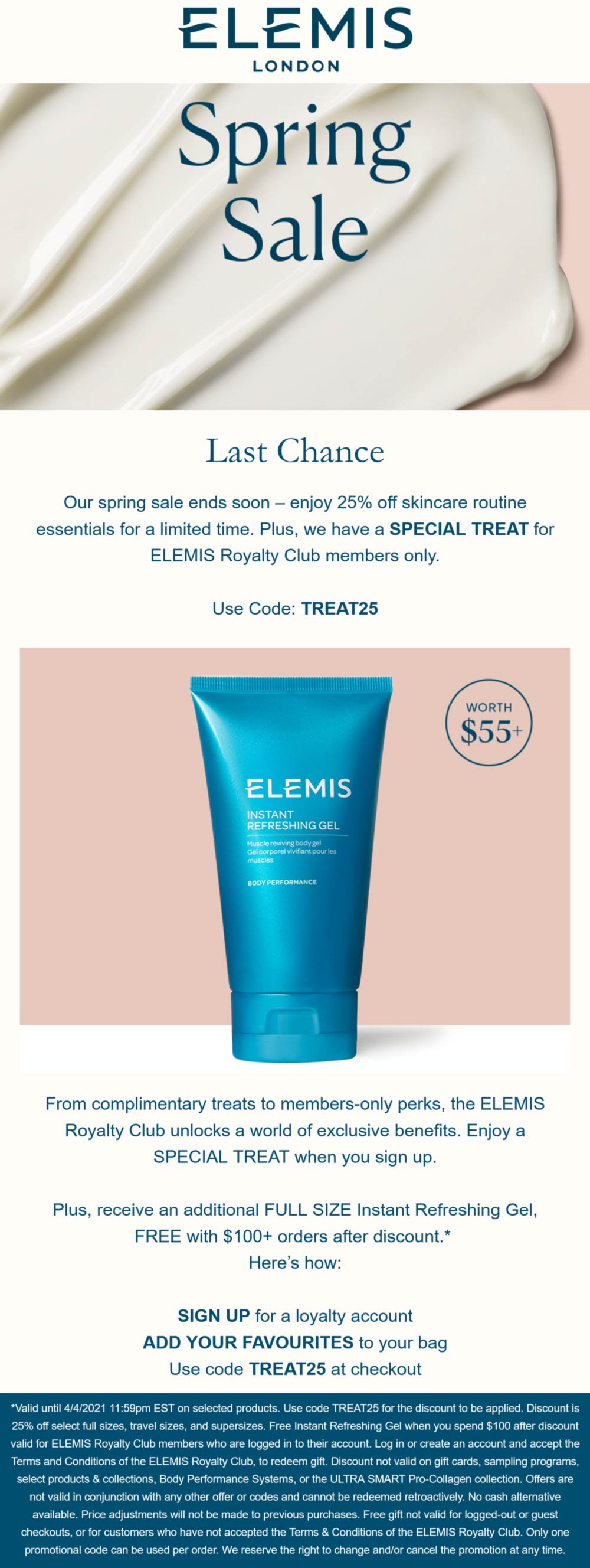 ELEMIS stores Coupon  25% off skincare + free full size on $100 spent today at ELEMIS via promo code TREAT25 #elemis 