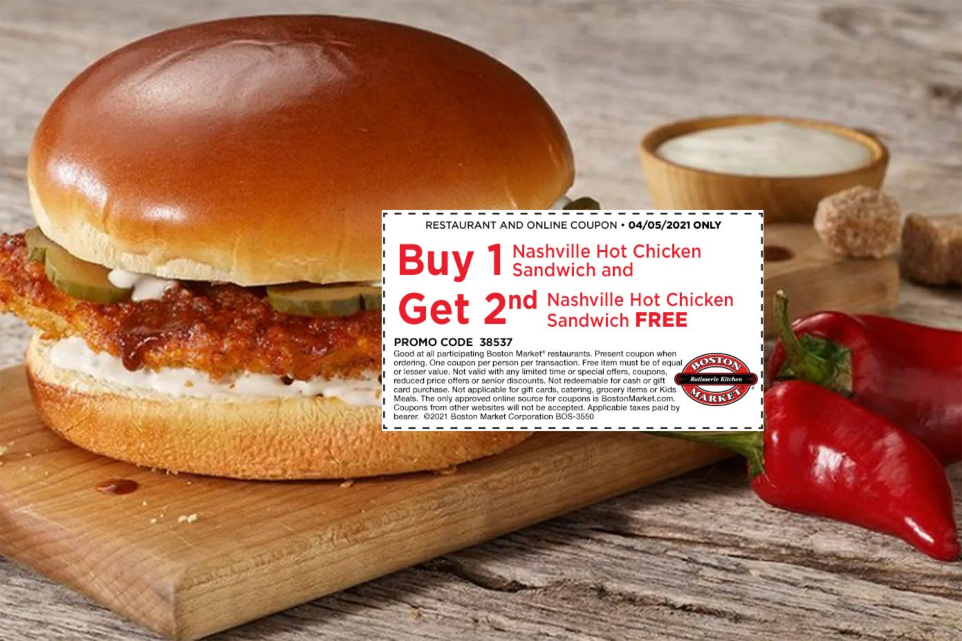 Boston Market restaurants Coupon  Second Nashville hot chicken sandwich free today at Boston Market #bostonmarket 