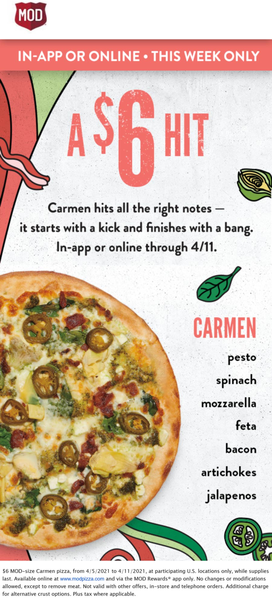 MOD restaurants Coupon  $6 carmen veggie pizza at MOD #mod 