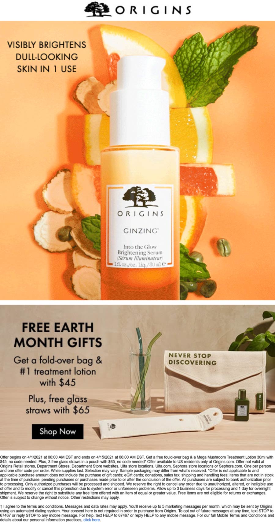 Free glass straws, bag & lotion with 65 spent at Origins origins