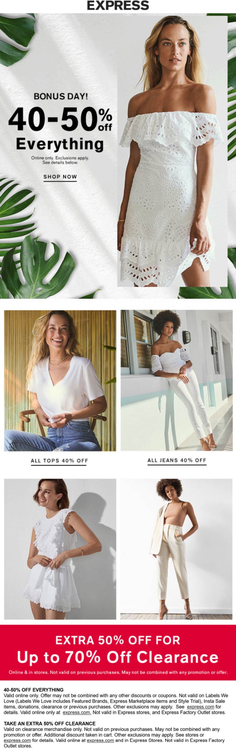 Express stores Coupon  40-50% off everything online today at Express #express 