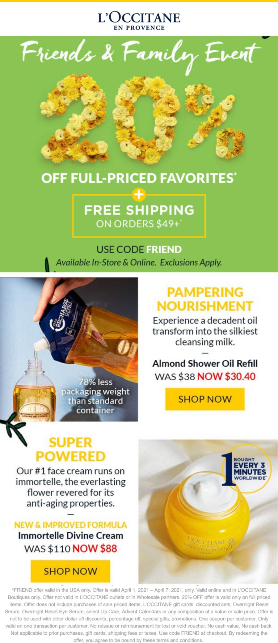 LOccitane stores Coupon  20% off at LOccitane, or online via promo code FRIEND #loccitane 