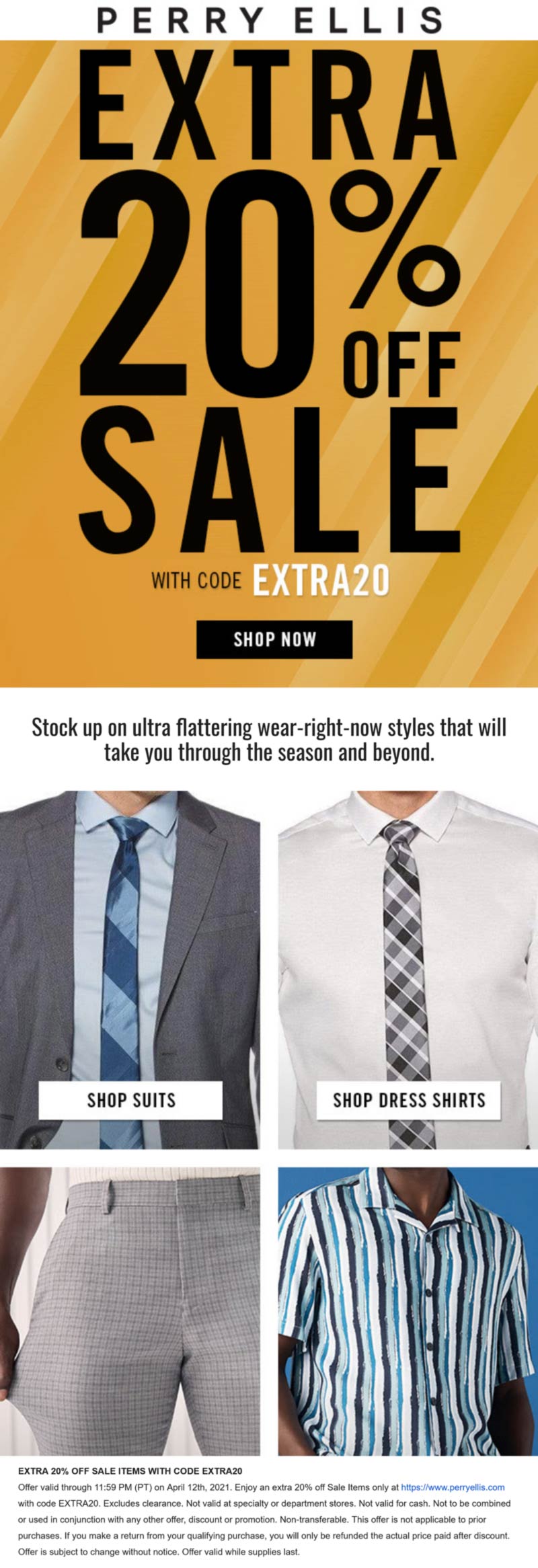Perry Ellis stores Coupon  Extra 20% off sale items at Perry Ellis via promo code EXTRA20 #perryellis 