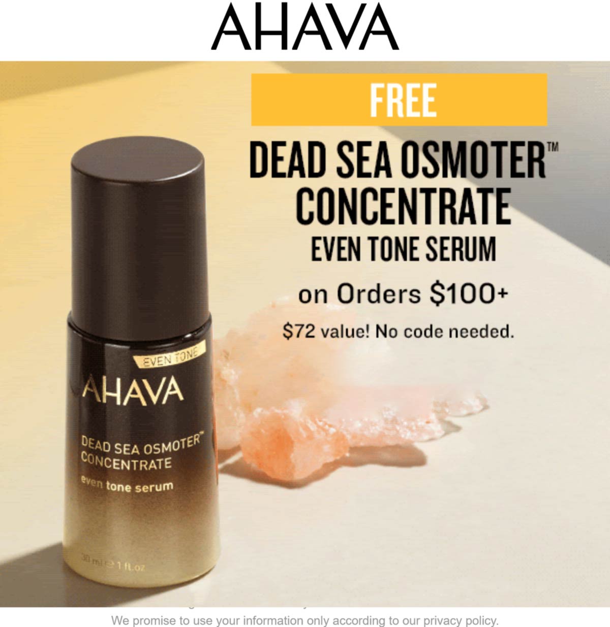 AHAVA stores Coupon  Free $72 full sized serum with $100 spent at AHAVA, also 25% off online via promo code APRIL25 #ahava 