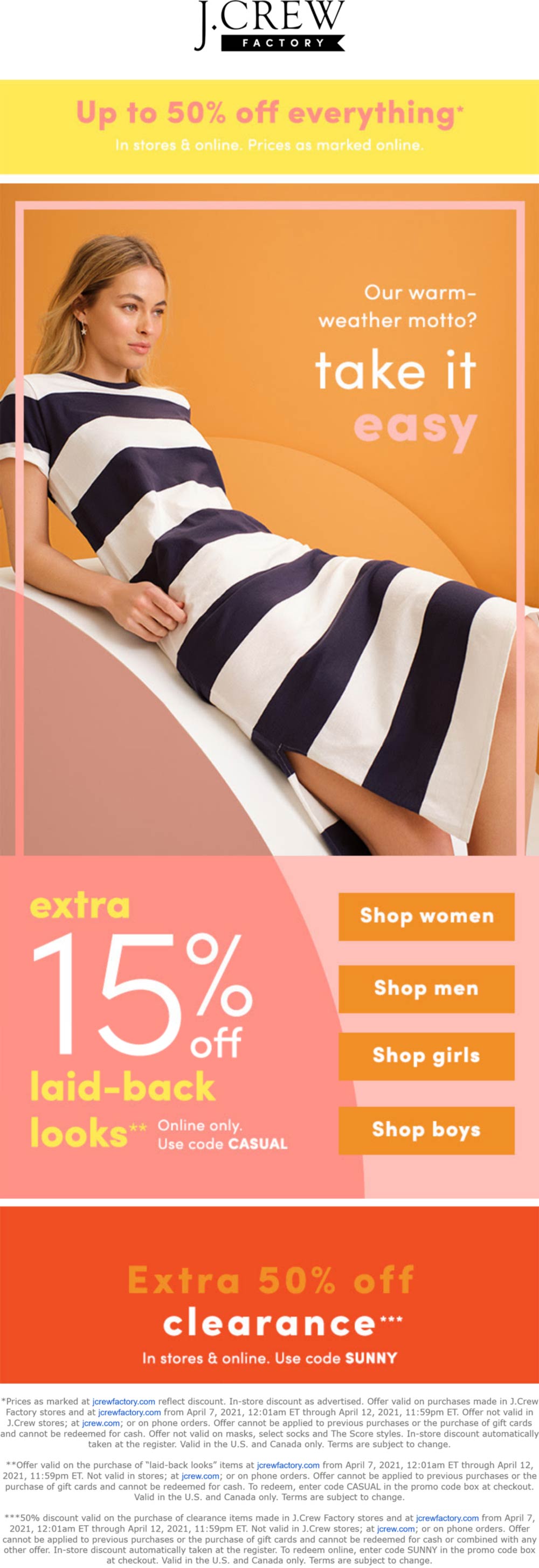 Extra 50 off clearance & more at J.Crew Factory, or online via promo