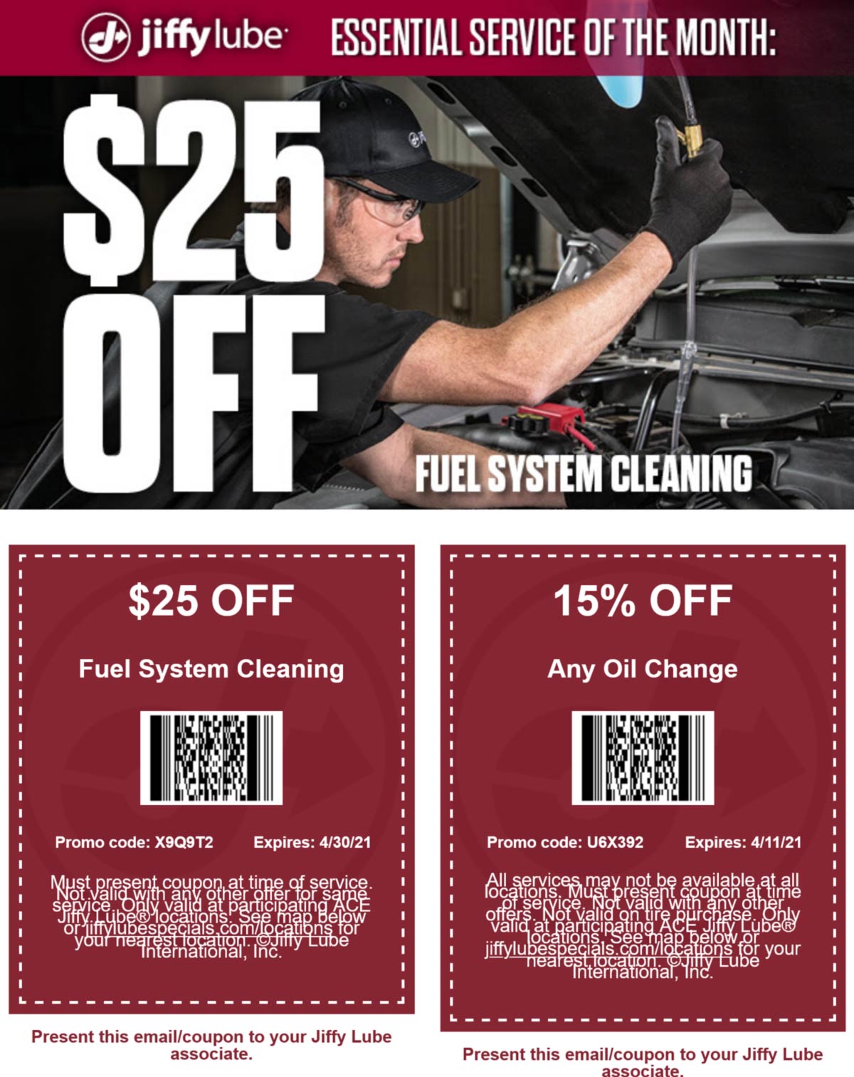 15% off any oil change $25 off fuel system cleaning at Jiffy Lube #