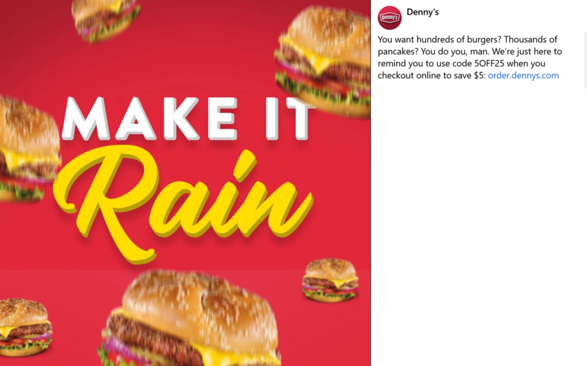 Dennys restaurants Coupon  $5 off $25 at Dennys restaurants via promo code 5OFF25 #dennys 