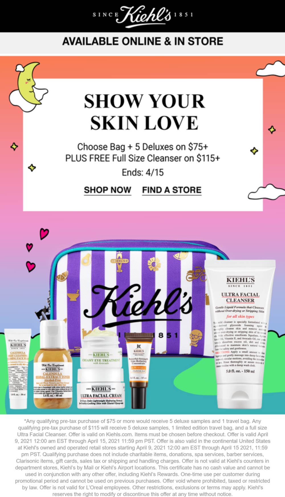 Kiehls stores Coupon  Free full size + 5 deluxes + travel bag on $115 at Kiehls, ditto online #kiehls 