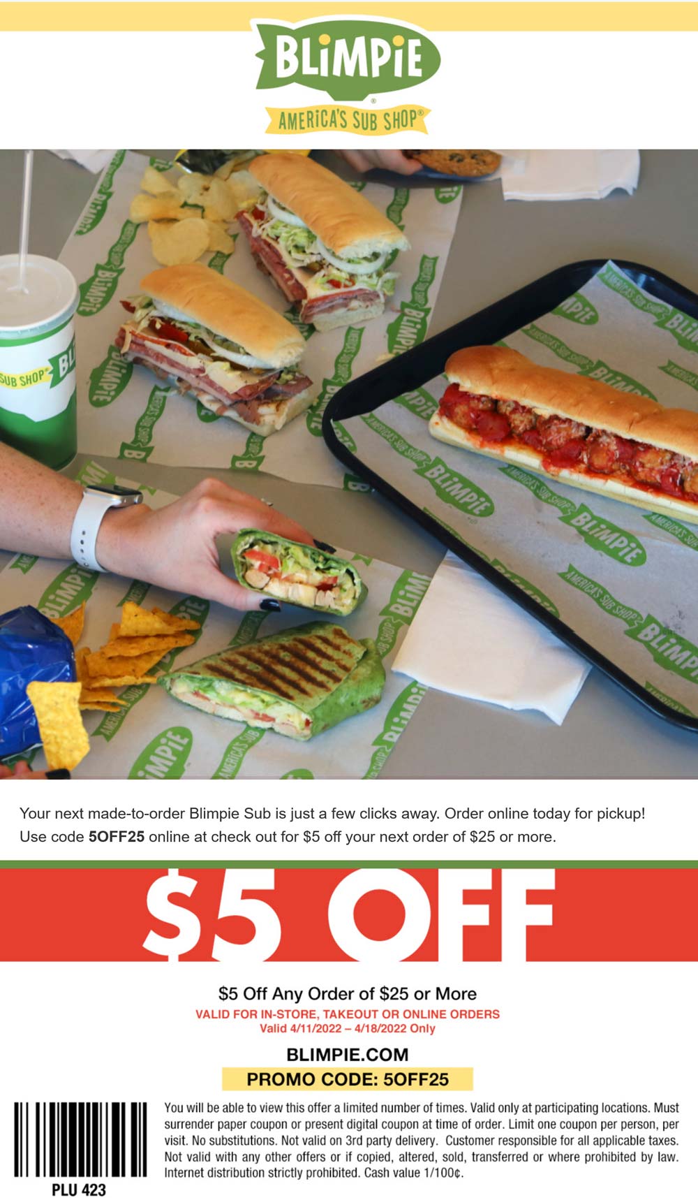Blimpie restaurants Coupon  $5 off $25 at Blimpie restaurants via promo code 5OFF25 #blimpie 