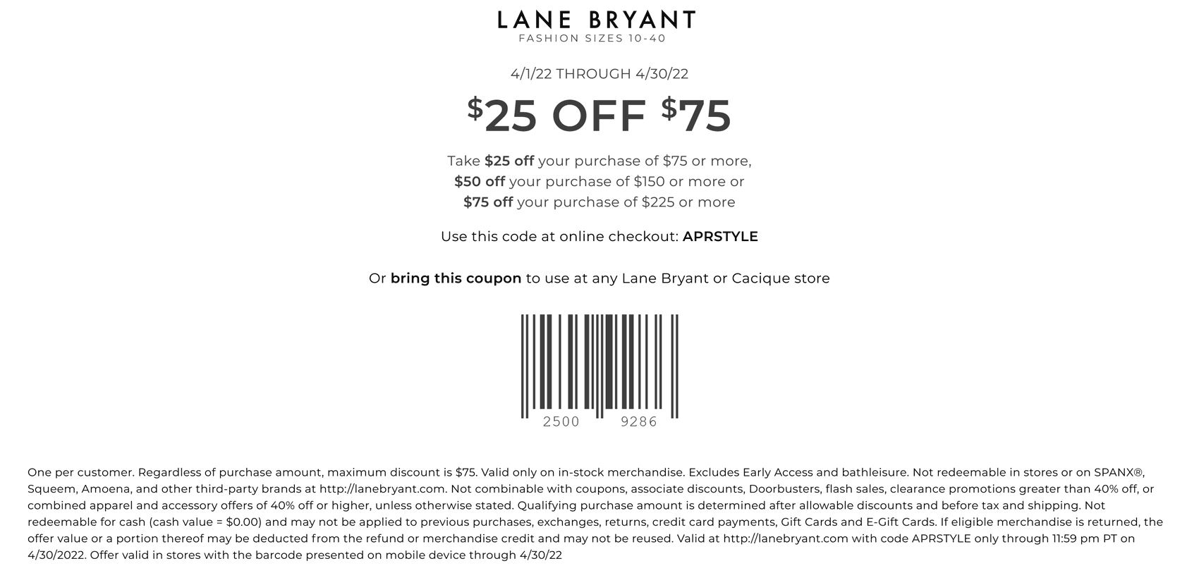 Lane Bryant stores Coupon  $25 off $75 at Lane Bryant, or online via promo code APRSTYLE #lanebryant 