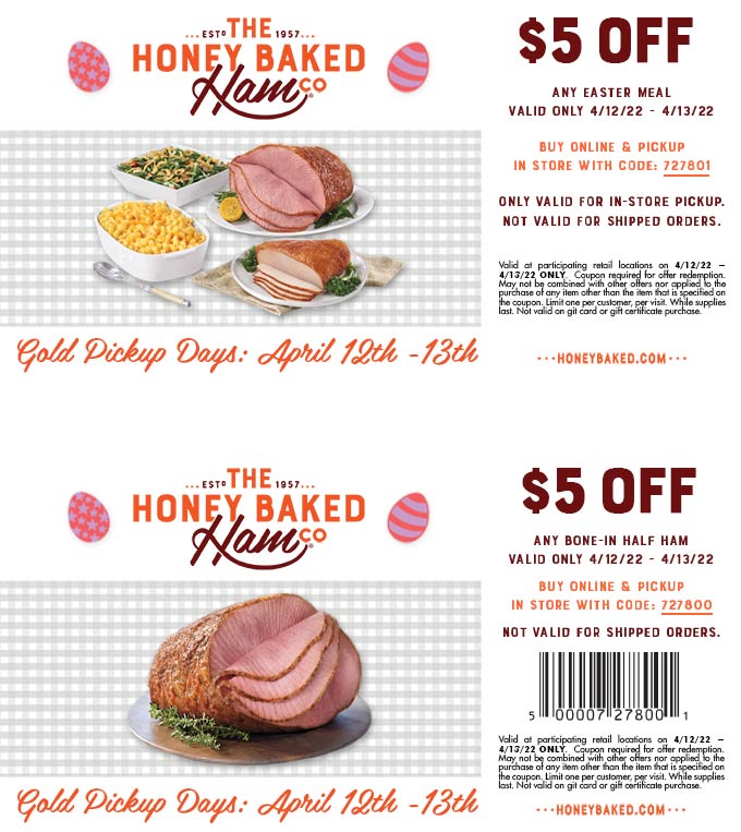 Honeybaked restaurants Coupon  $5 off any Easter meal or half ham at Honeybaked restaurants #honeybaked 