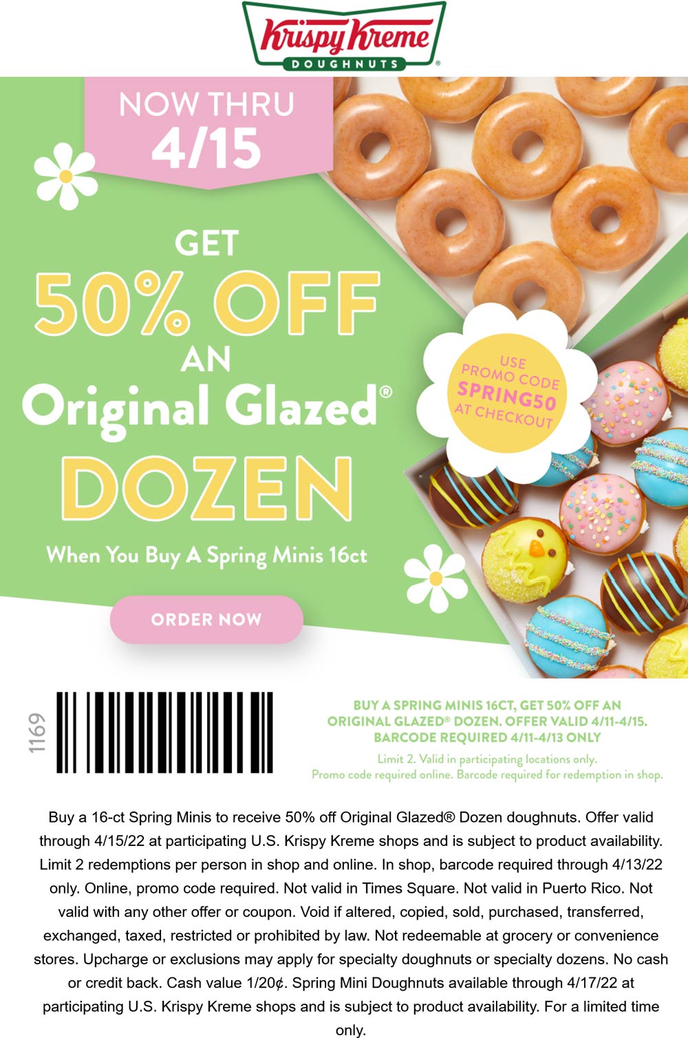 Krispy Kreme restaurants Coupon  50% off a dozen doughnuts with your 16pc spring minis at Krispy Kreme, or online via promo code SPRING50 #krispykreme 