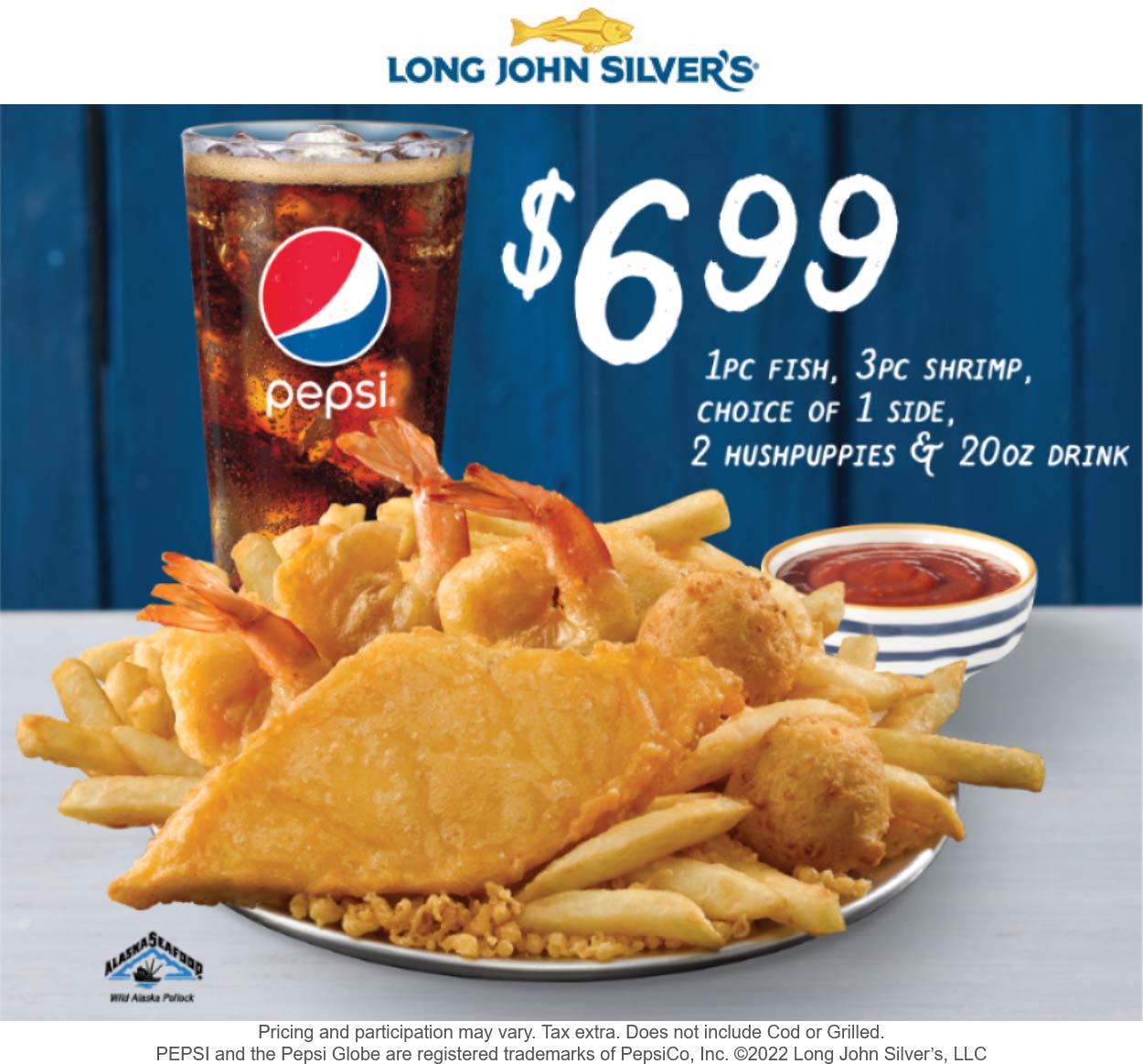 Long John Silvers restaurants Coupon  Fish + shrimp + side + hushpuppies + drink = $7 at Long John Silvers #longjohnsilvers 