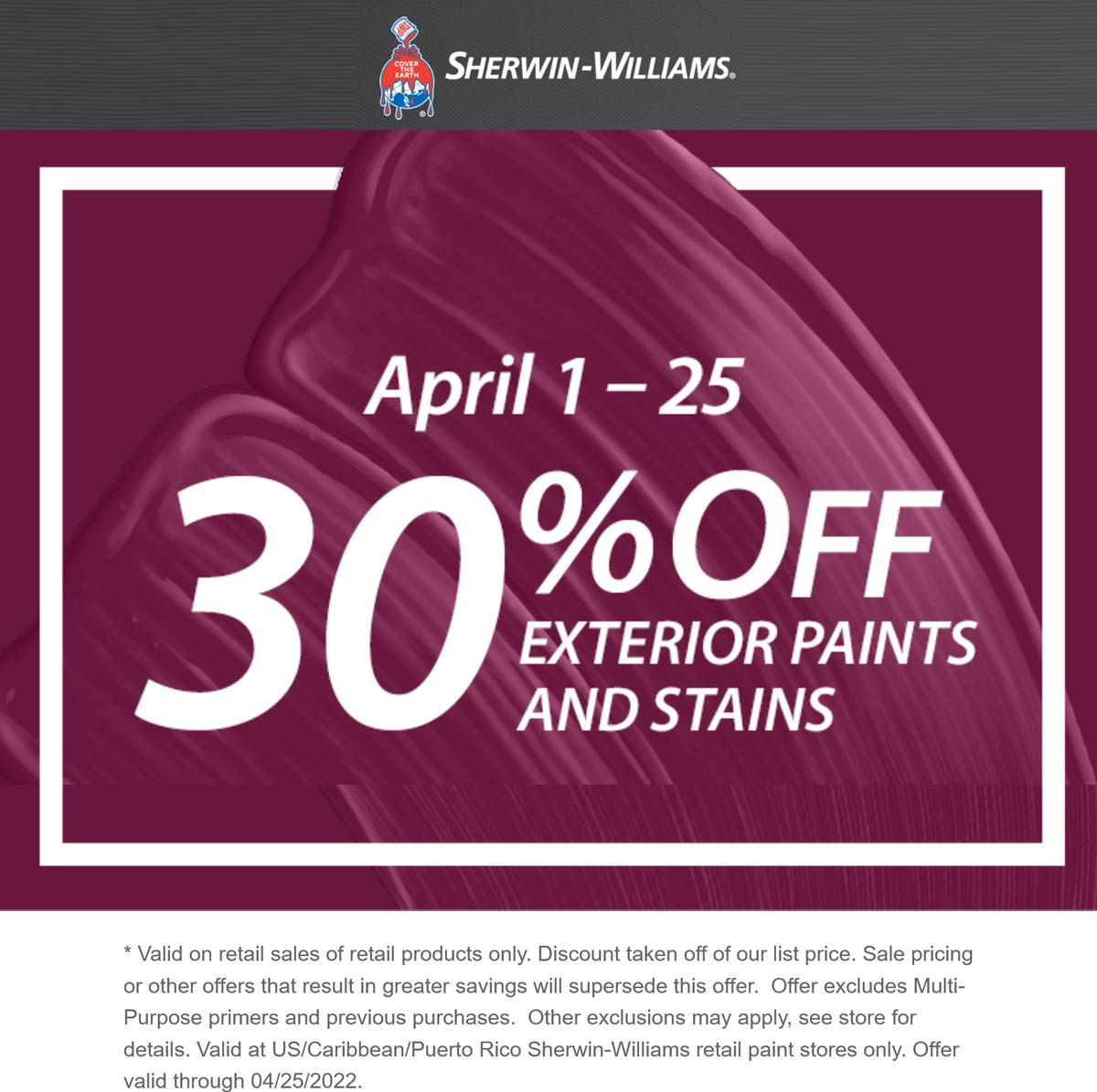 Sherwin Williams stores Coupon  30% off exterior paints & stains at Sherwin Williams #sherwinwilliams 
