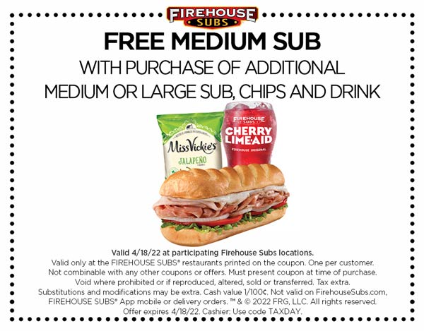 Firehouse Subs restaurants Coupon  Second medium sub sandwich free Monday at Firehouse Subs #firehousesubs 
