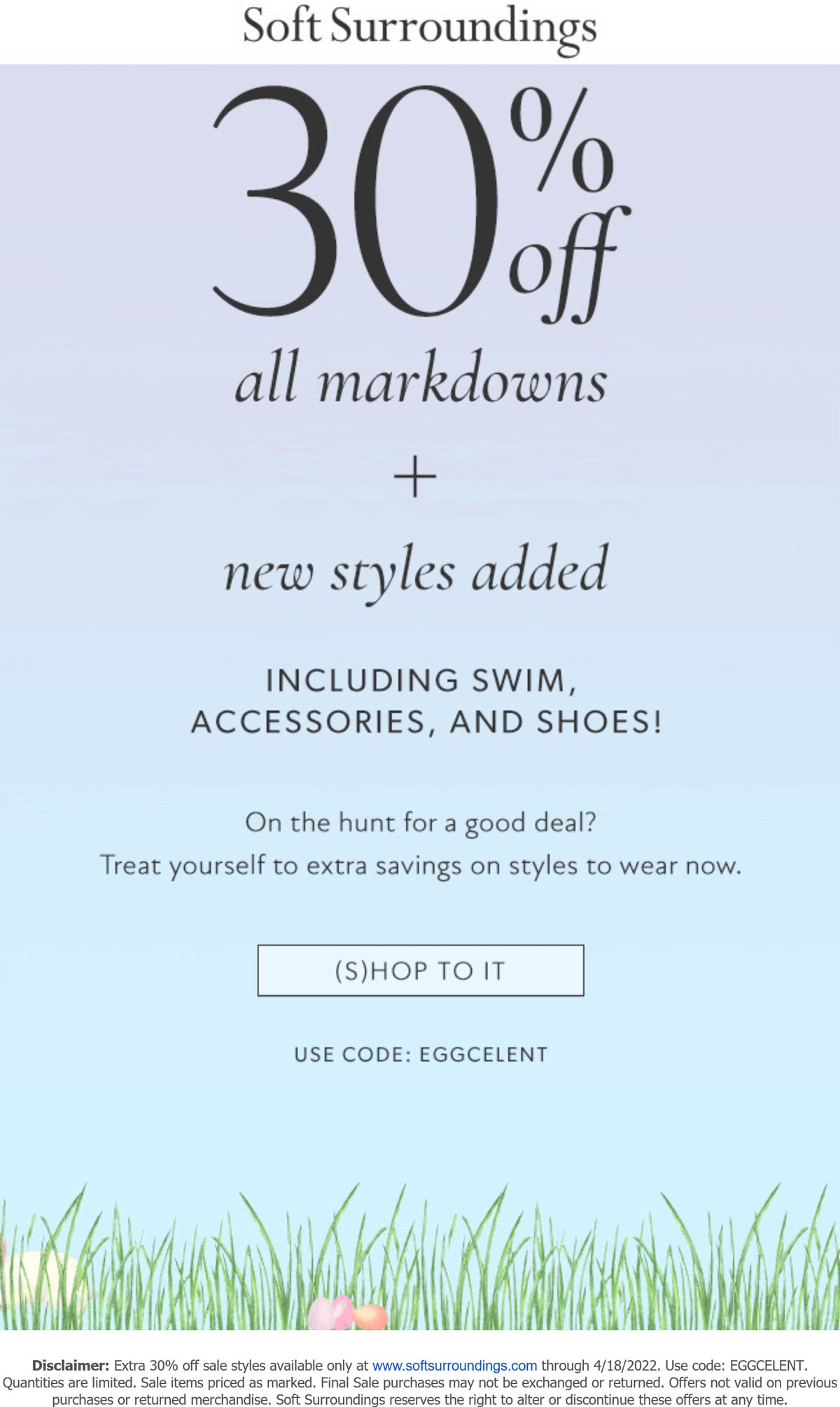 Soft Surroundings stores Coupon  Extra 30% off sale styles at Soft Surroundings via promo code EGGCELENT #softsurroundings 