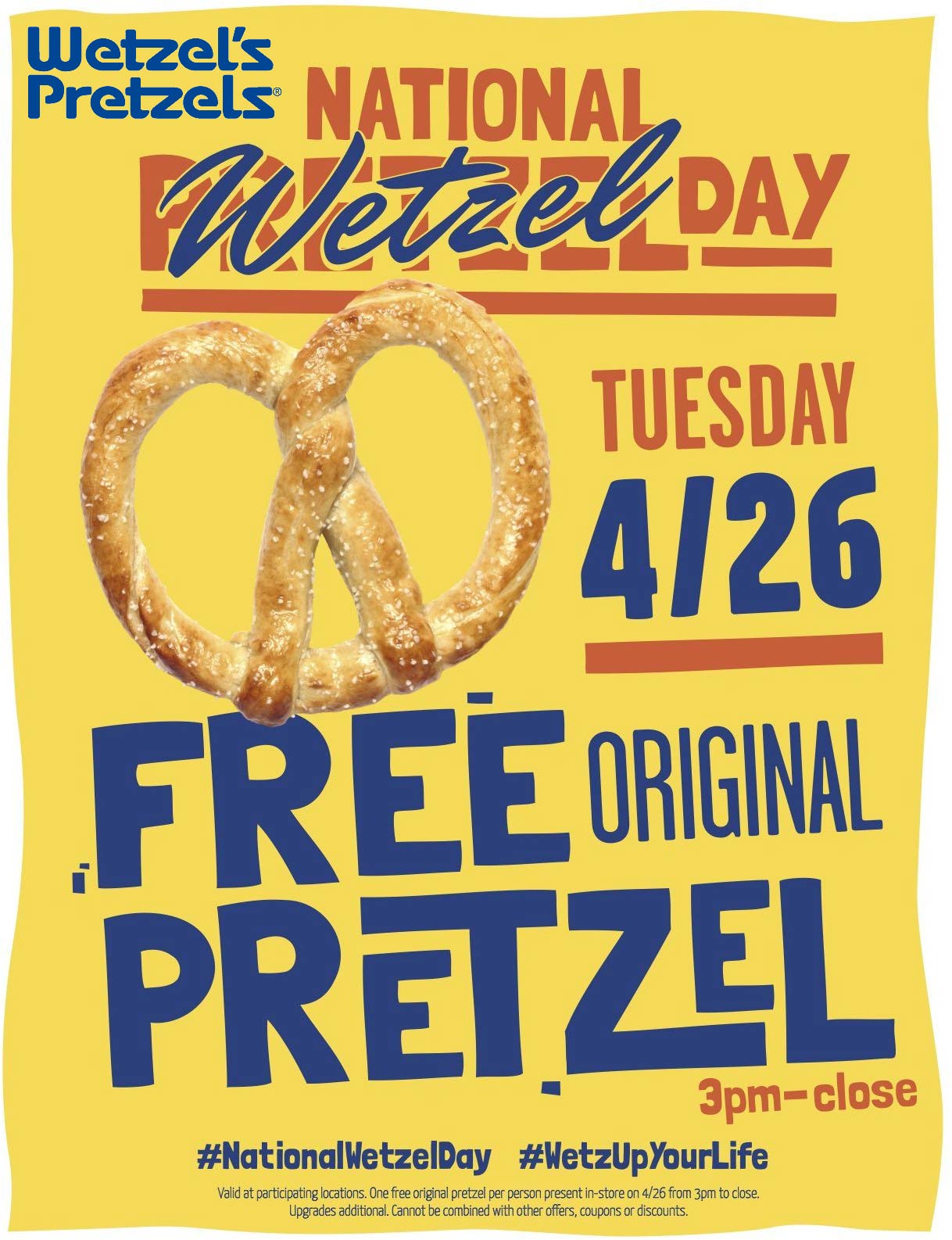 Wetzels Pretzels stores Coupon  Free pretzel the 26th at Wetzels Pretzels #wetzelspretzels 