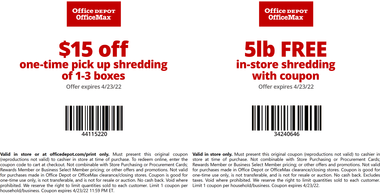 Office Depot stores Coupon  Free 5lbs of document or mail shredding at Office Depot OfficeMax #officedepot 