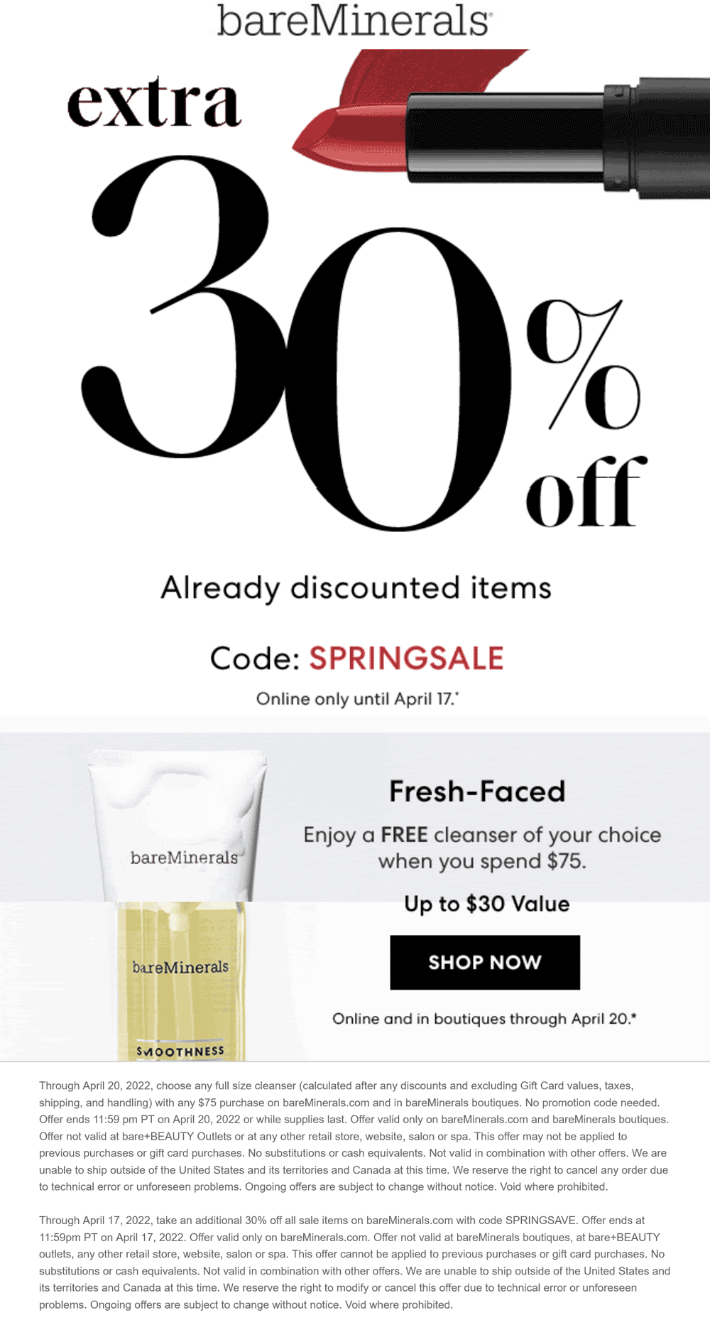 bareMinerals stores Coupon  Free full size cleanser on $75 & more online at bareMinerals #bareminerals 