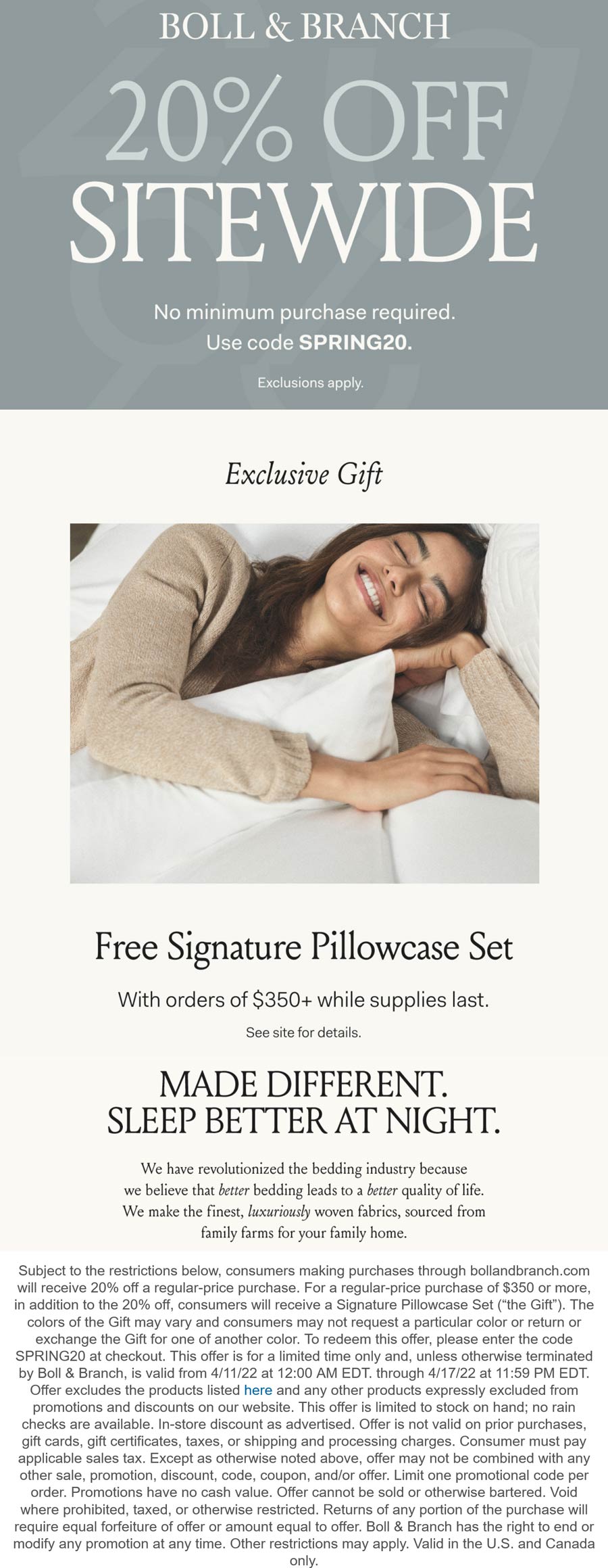 Boll & Branch stores Coupon  20% off everything today + free pillowcase set on $350 at Boll & Branch, or online via promo code SPRING20 #bollbranch 