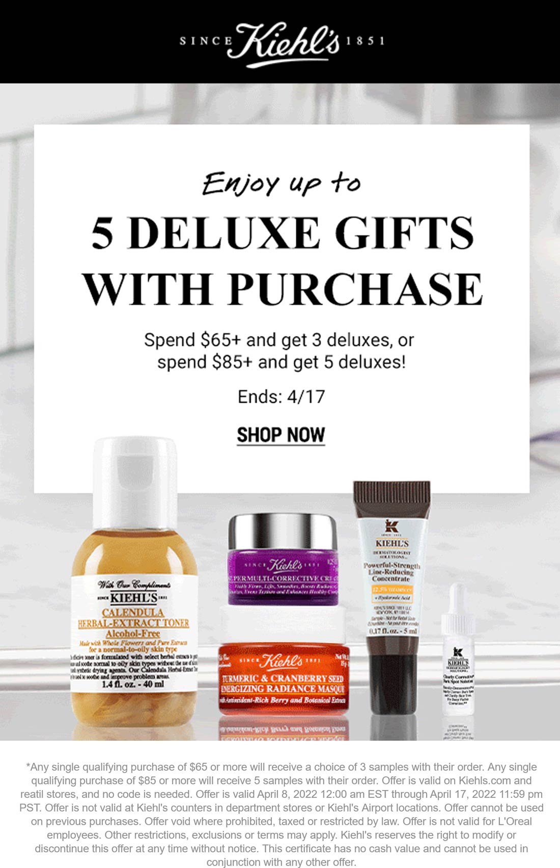 Kiehls stores Coupon  3-5 free items on $65+ today at Kiehls #kiehls 