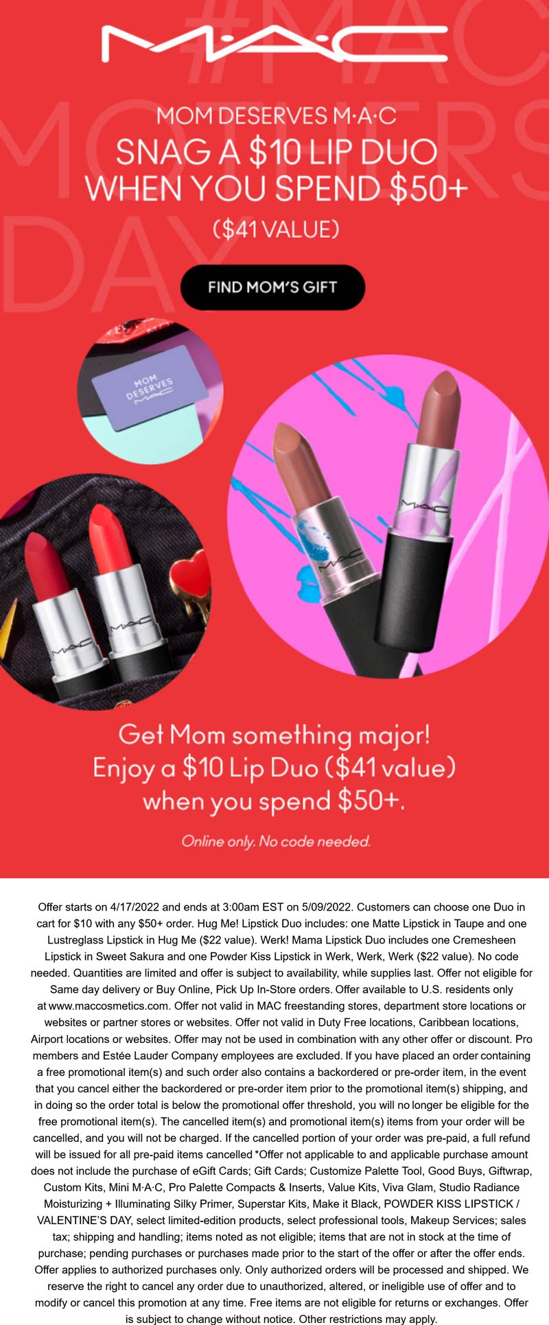 MAC stores Coupon  $10 lipstick duo with $50 spent online at MAC cosmetics #mac 