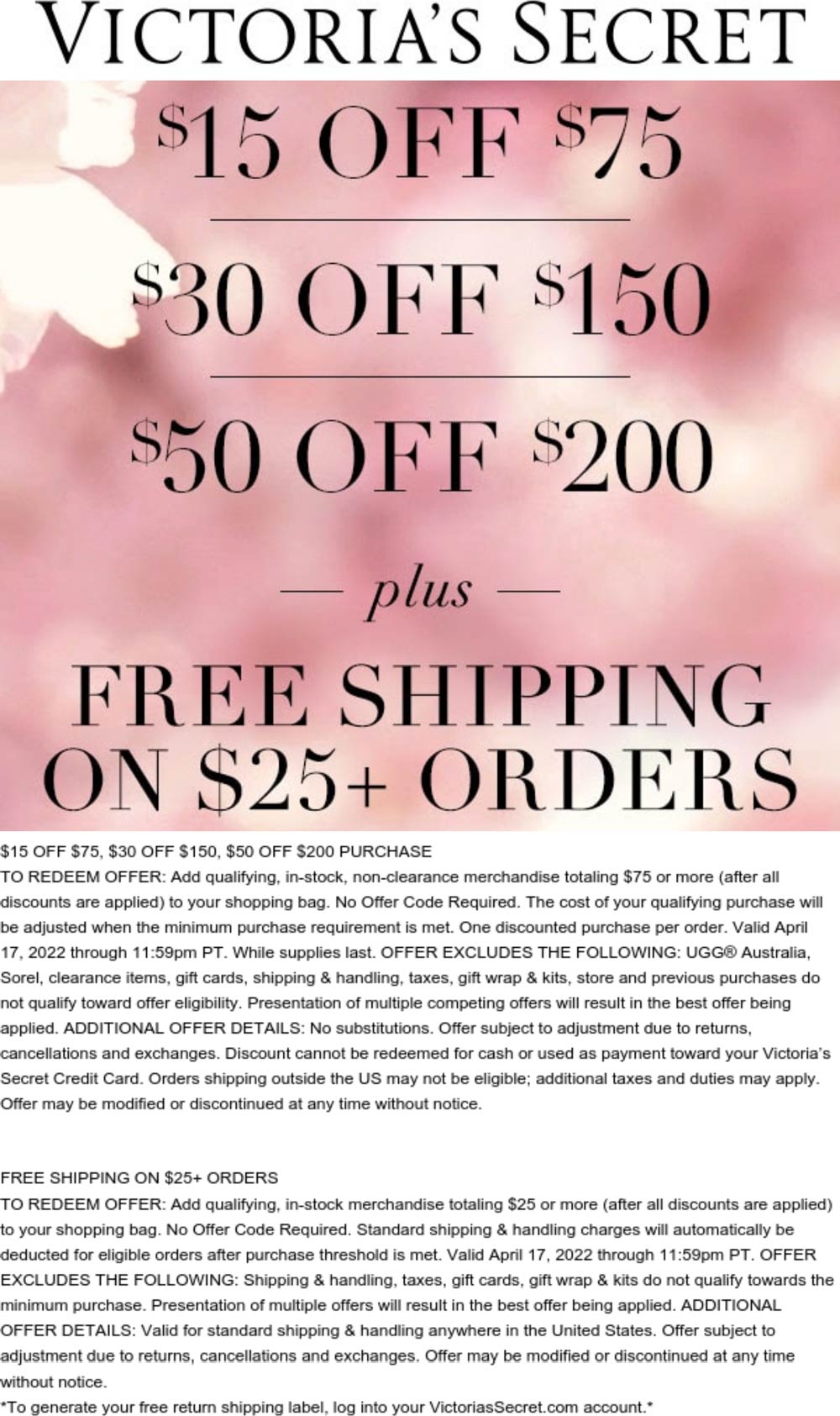 Victorias Secret stores Coupon  $15 off $75 & more today online at Victorias Secret #victoriassecret 