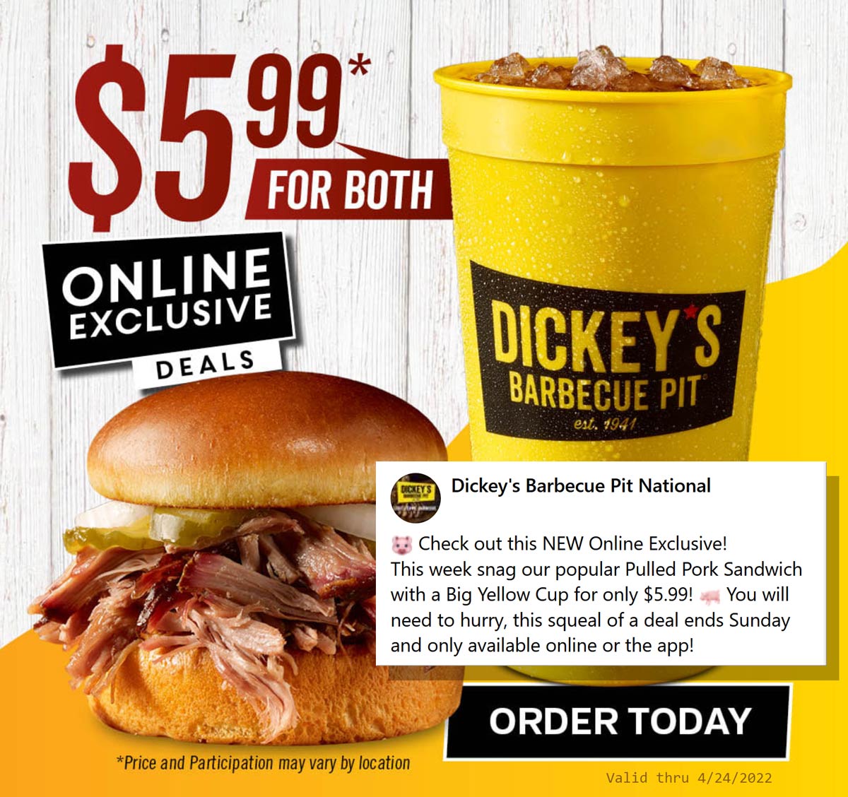 Dickeys Barbecue Pit restaurants Coupon  Pulled pork BBQ sandwich & drink = $6 at Dickeys Barbecue Pit #dickeysbarbecuepit 