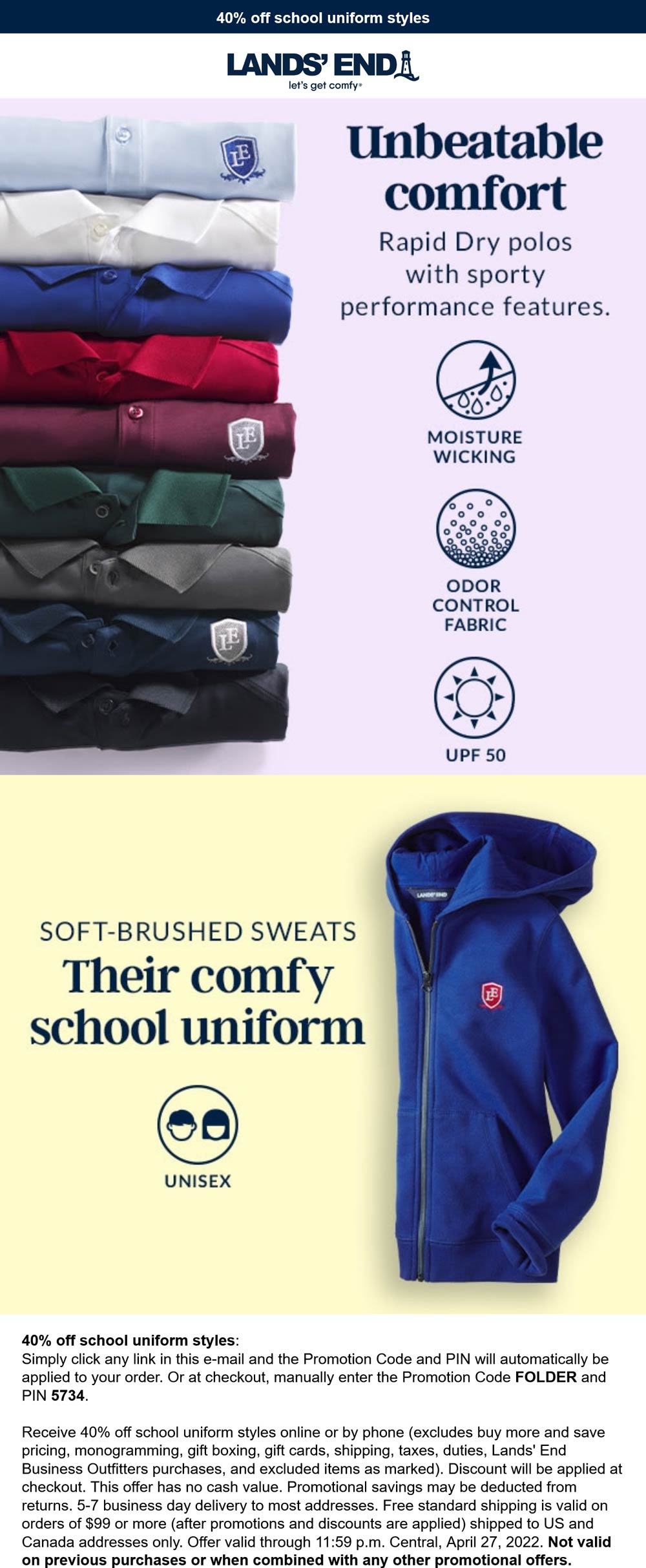 Lands End stores Coupon  40% off school uniform styles at Lands End via promo code FOLDER and pin 5734 #landsend 