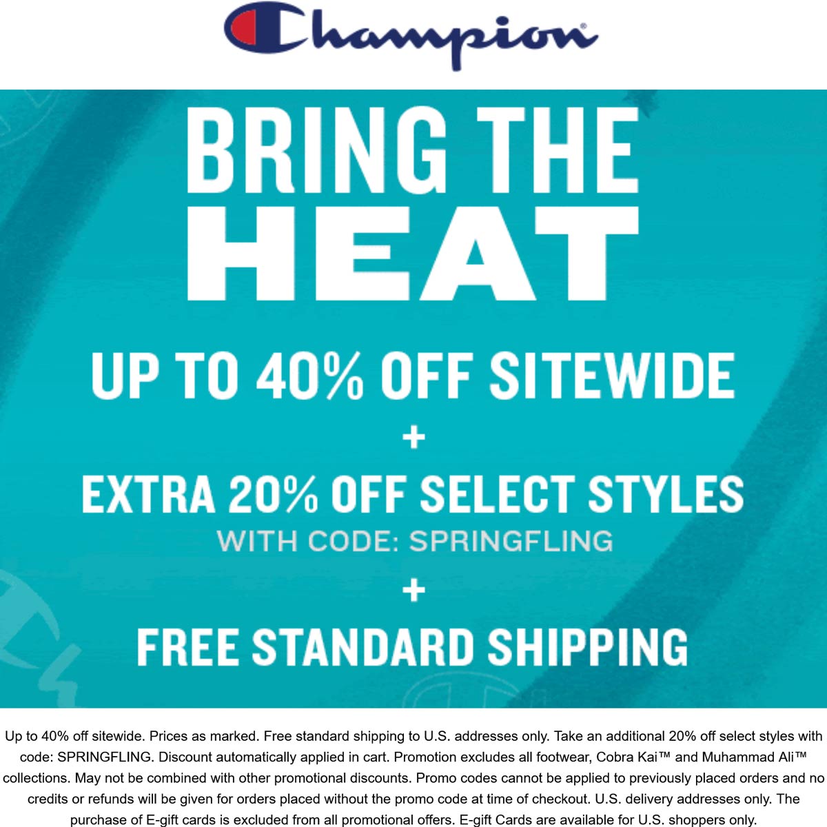 Champion stores Coupon  20-40% off online today at Champion via promo code SPRINGFLING #champion 