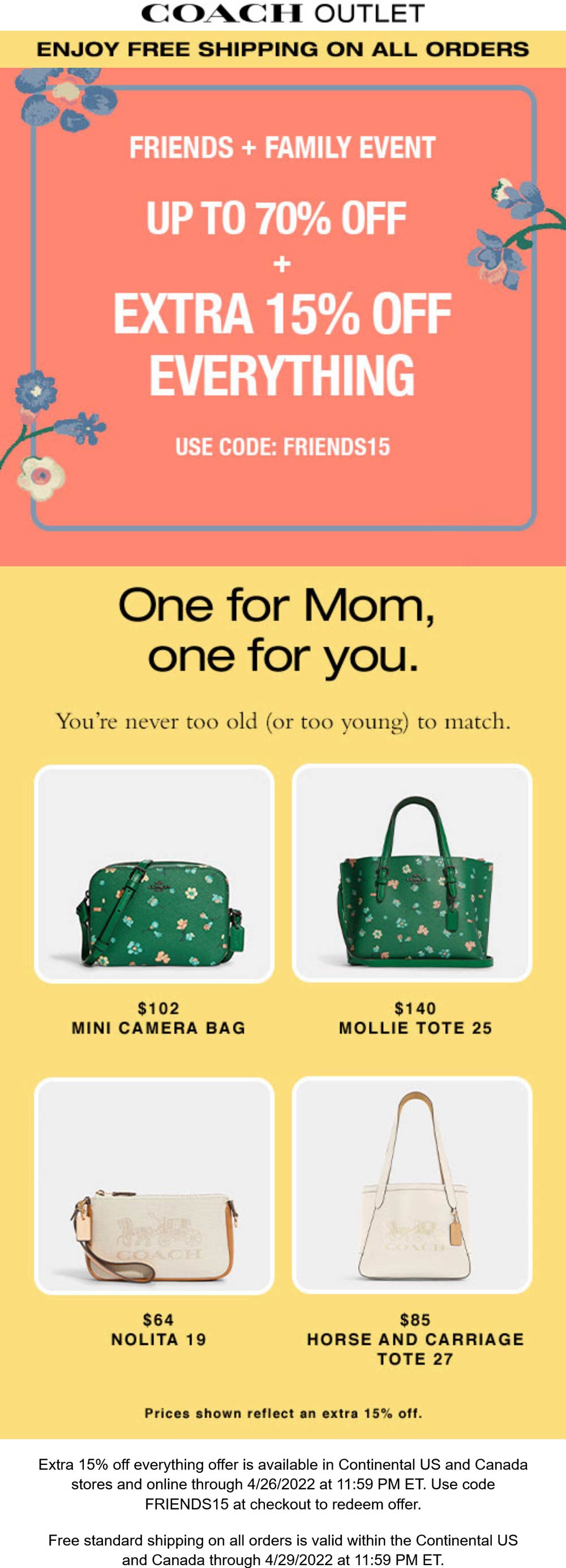Coach Outlet stores Coupon  Extra 15% off at Coach Outlet, or online via promo code FRIENDS15 #coachoutlet 