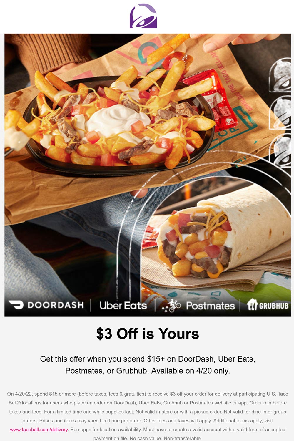 Taco Bell restaurants Coupon  $3 off $15 via delivery today at Taco Bell #tacobell 