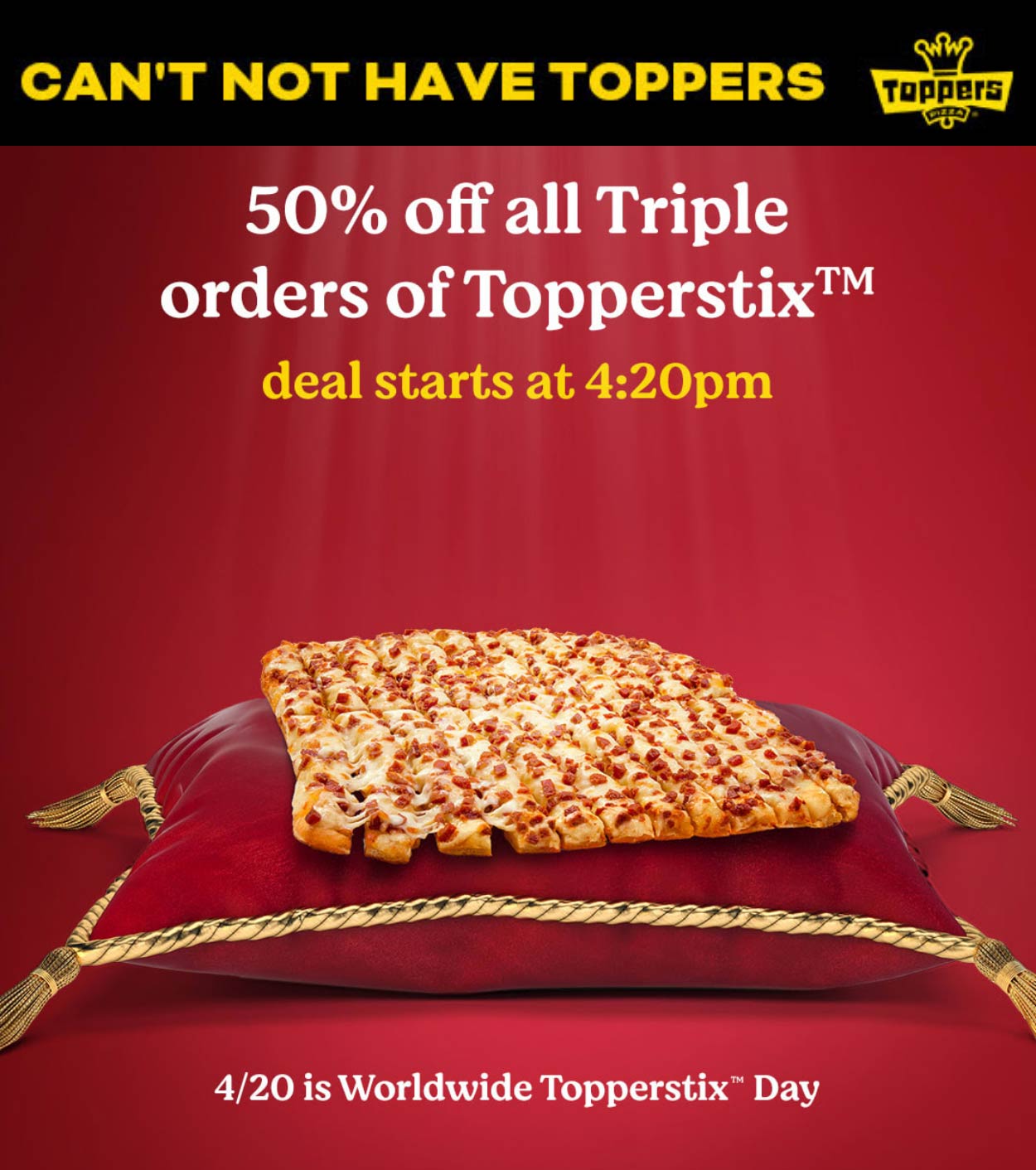 Toppers restaurants Coupon  50% off cheese garlic bread triple orders today after 4p at Toppers pizza #toppers 