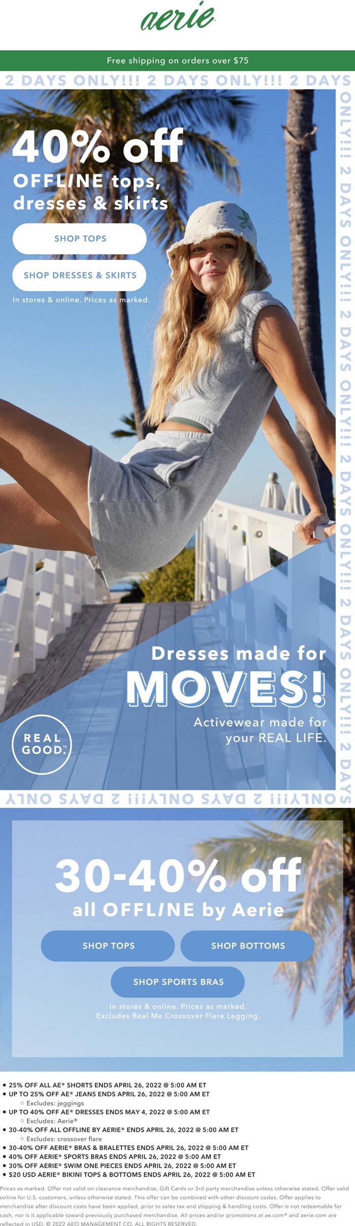 Aerie stores Coupon  40% off tops dresses & skirts at Aerie, ditto online #aerie 