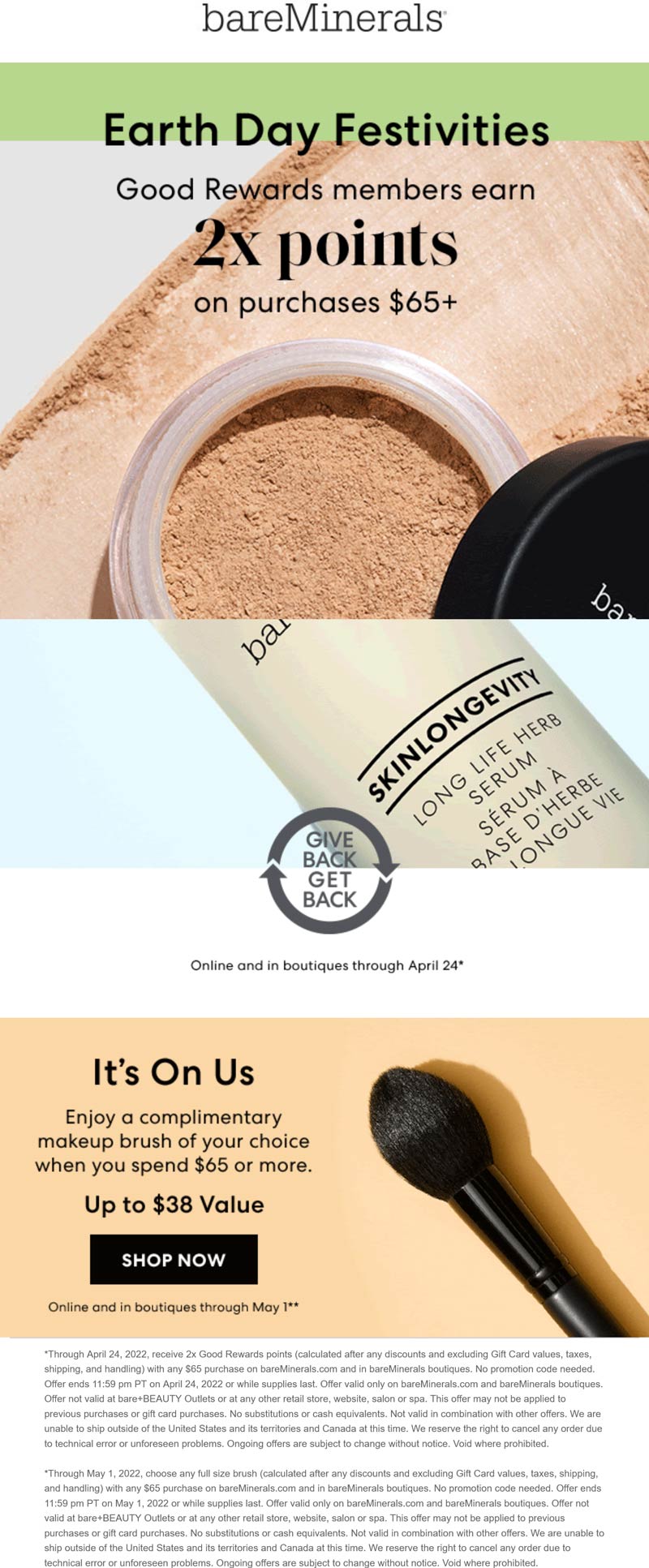 bareMinerals stores Coupon  Any full size brush free on $65 at bareMinerals, ditto online #bareminerals 